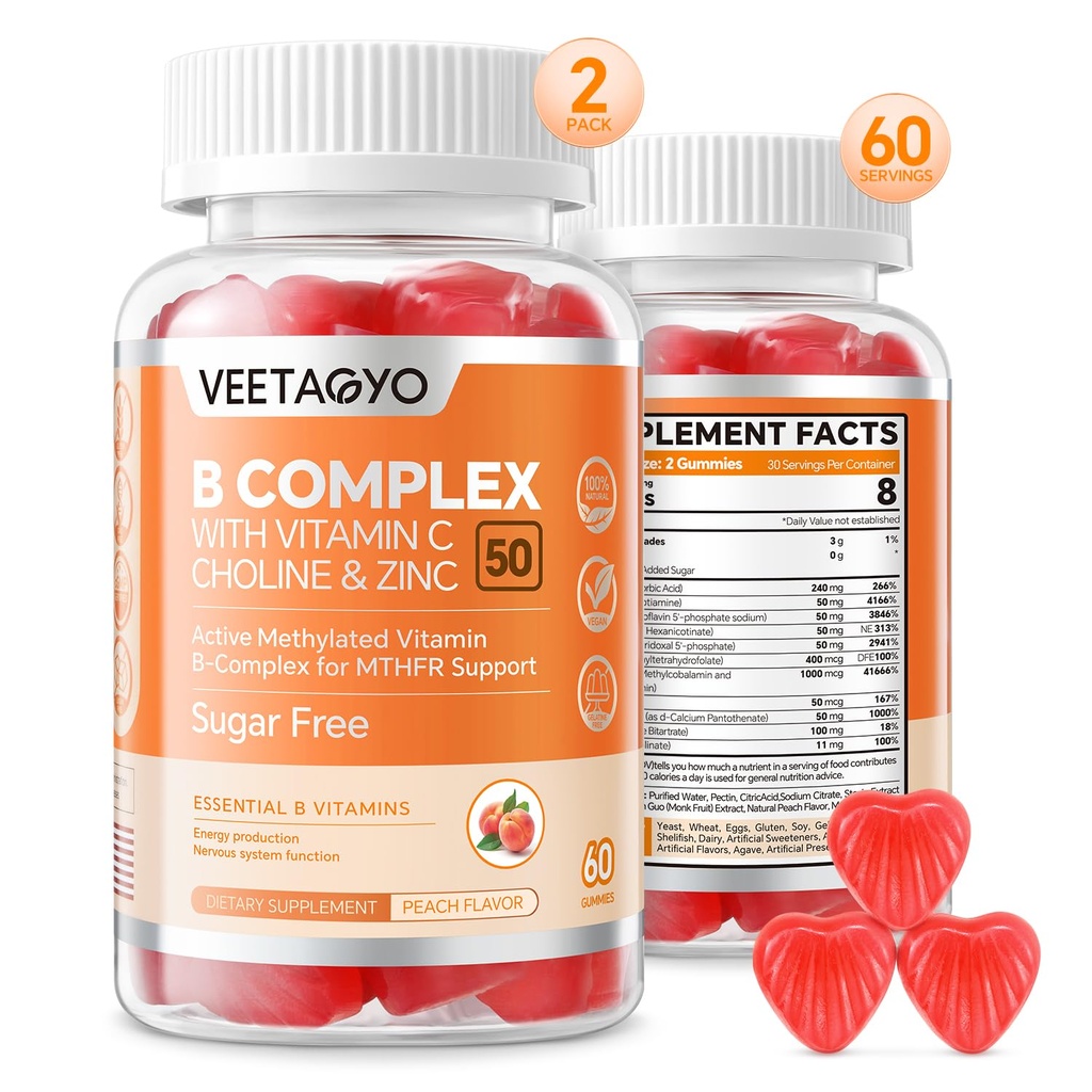 B 复合体 50 Gummys, 含有维生素C的Methyled B 复合体,Choline & Zinc - 活性甲基化B-Complex for Energy, Methyled Support - 所有 B 维生素 - B1,B2,B3,B5,B6,B7,B9,B12 - 无糖,120 计数