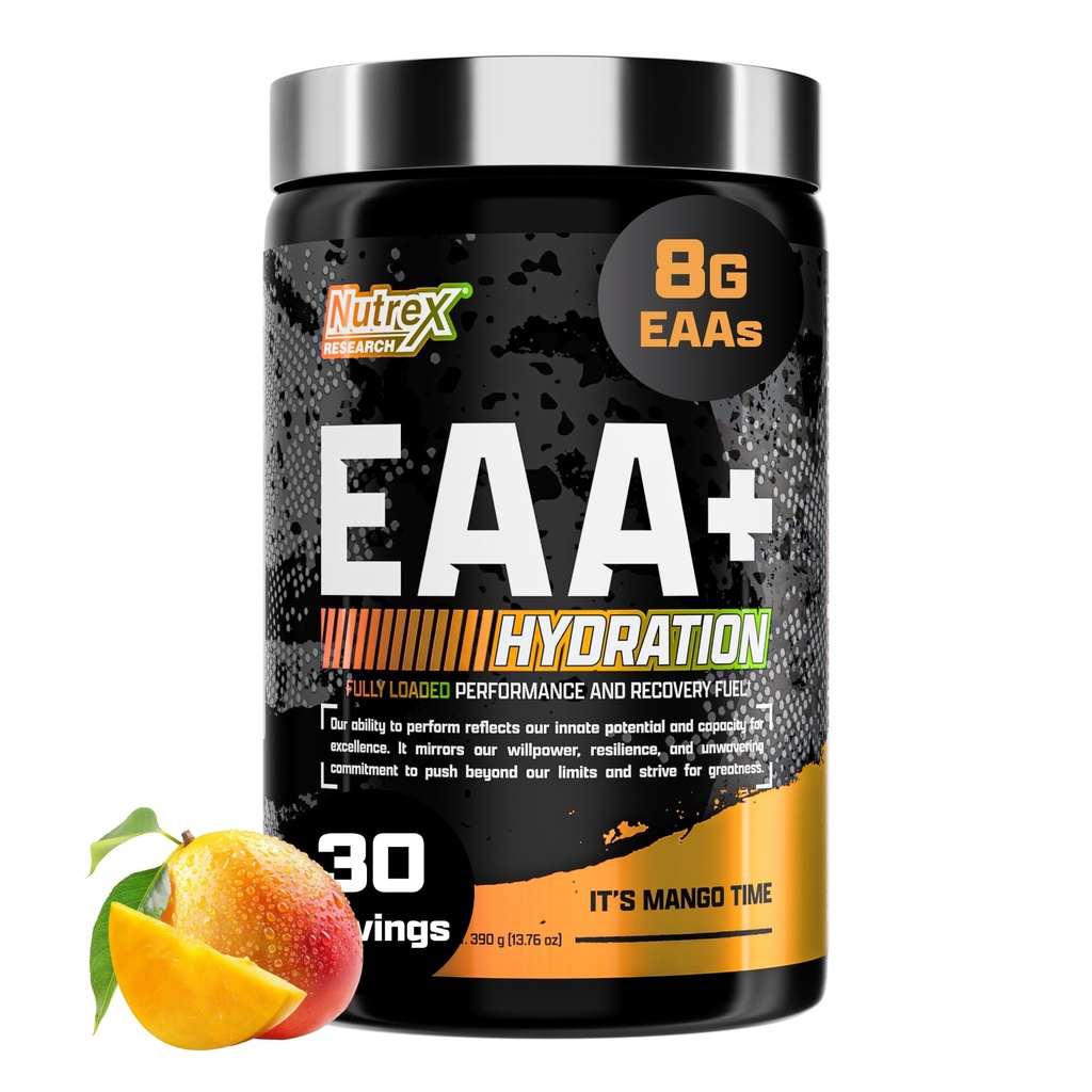 Nutrex 研究 EAA 水解 EAAs + BCAA 粉末 肌肉恢复 强力 肌肉建筑 耐力 → 8G 基本氨基酸 + 电解 → 30 功用 是芒果时间