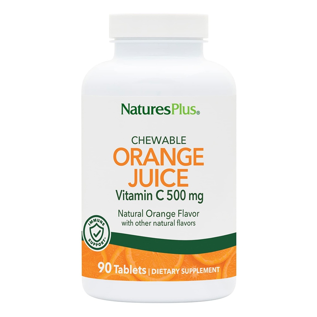 Natures Plus 橙汁可食用维生素C - 500 mg, 90 片 - 高概率Immune & Vascular健康支持补充剂,抗氧化剂 - Gentle On Stomach - 蔬菜,无葡萄糖 - 90 服务