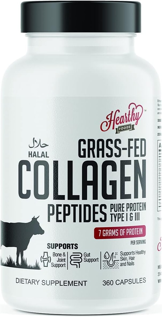 HEARTHY FOODS Collagen Pills Supplement (Type I, III), 360 Collagen Capsules Healthy Hair, Skin, Nails, Joints - Dairy and Gluten Free Collagen Supplement - 7 Grams Protein Per Serving