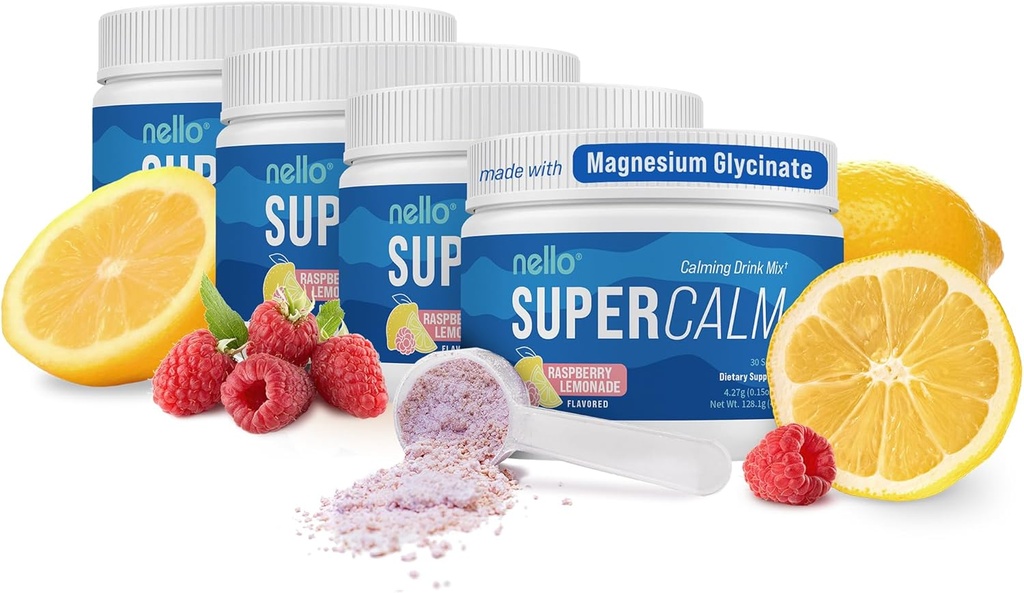 Nello Supercalm Drinking Mix - Ashwagandha KSM 66, 甘油镁, L-天宁, 维生素D3 - Ashwagandha 根提取, 镁和L-天宁补充剂 - 30 services - 4 pack