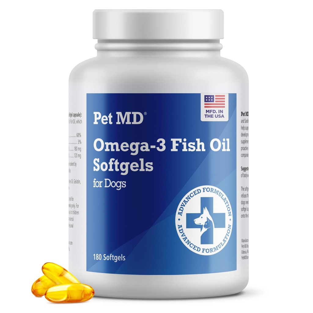 Pet MD – Omega 3 Fish Oil for Dogs – Skin and Coat Supports for Dogs – 180 Softgels (英语) (英语).