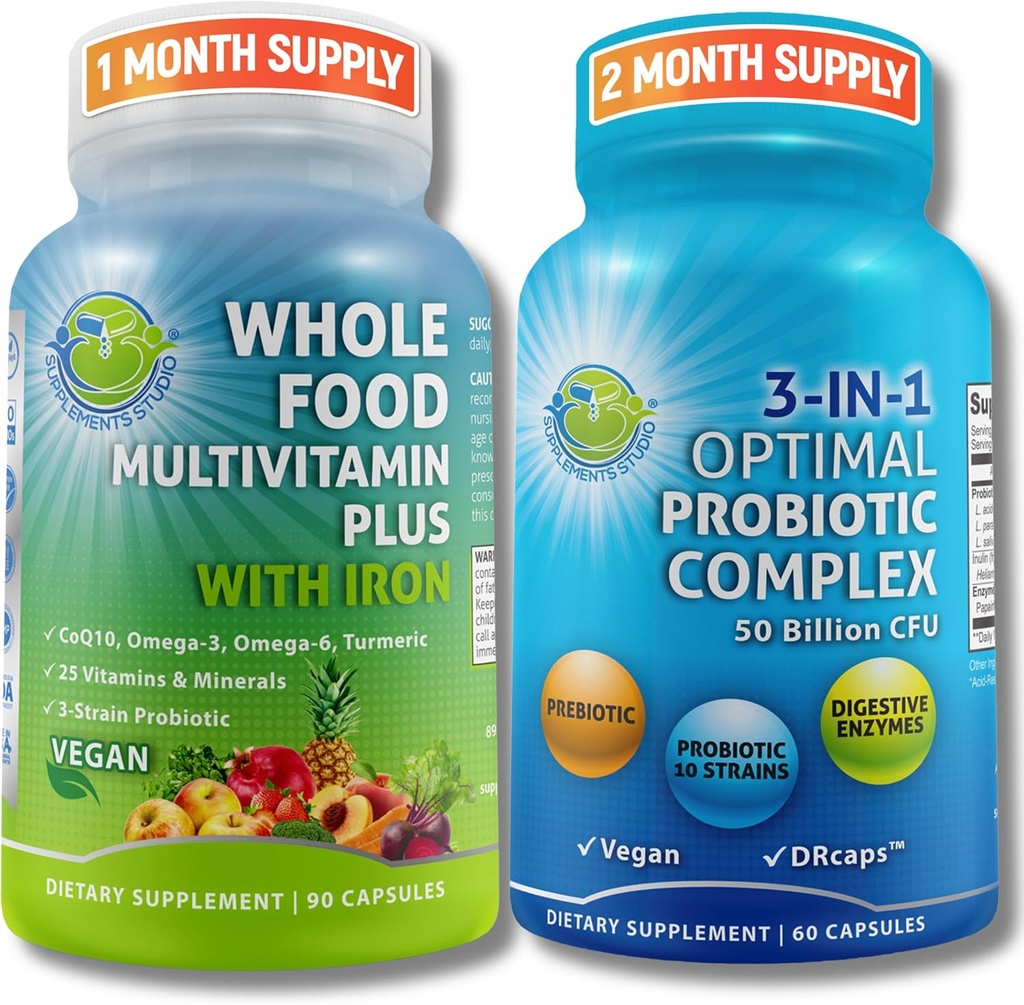Gut & Immune Health Bundle - 3-in-1 Probiotic(50亿 CPU,10种菌株) 配有消化酶 & Prebiotics & Vegan 全食品 配有富含水果和蔬菜的铁的多维他命 - Vegan, Non-GMO