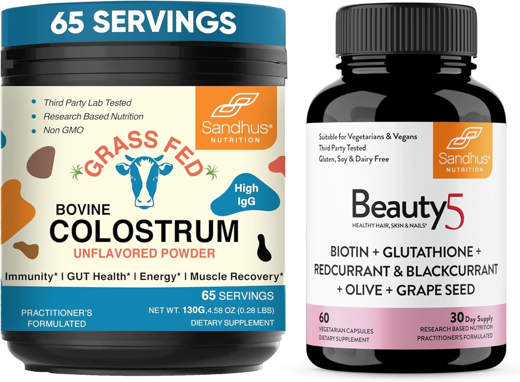 桑德胡的纯波维纳 Colostrum 粉末 人类和美人补充品 5 蔬菜 Capsules| Immune, Gut, Muscle, Hair, Skin and Nail Health Support | 非GMO