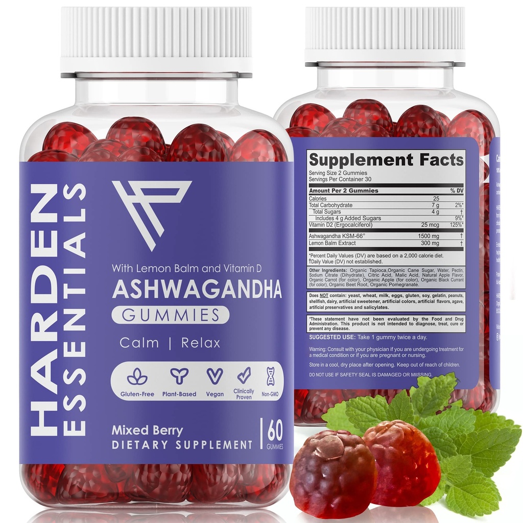 KSM-66 Ashwagandha Gummys w/Lemon Balm & Vitamin D(最大强度每Gummy750mg) - Herbal Vegan & Gluten Free - Calm Mood Relaxation - 支持压力 - 成年孩子的Gummys 女性男性(60个计数)
