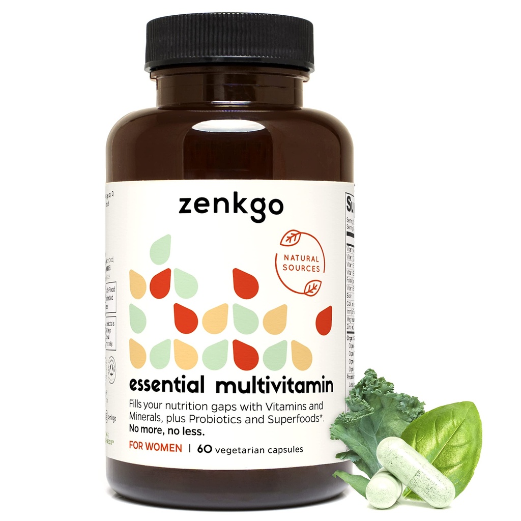 Zenkgo 女子维生素+ 亲生素 25B CFU + 有机全食,支持豁免,文摘,能源,每日维生素 A, E, B6, B12, Vegan D3, K2(MK-7), Folate, Minerals, Superfoods(60Ct/30日)