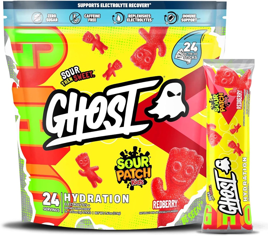 GHOST 水解包 酸补丁 儿童红莓 24 棒 电解质 粉 - 饮用混合剂 配有镁,钾,钙,维生素 C - Vegan,无豆,糖和胶