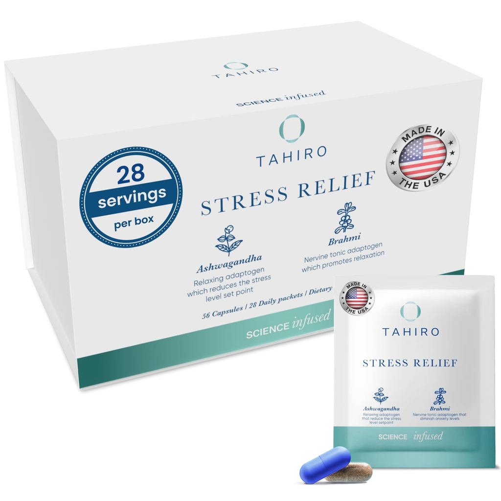 塔希罗压力-Relief 补充 – 天然脑支持 补充 镁,维生素B, Ashwagandha, 布拉米 – 非GMO Vegan Brain Booster 补充 聚焦与能源 – 28-Packets