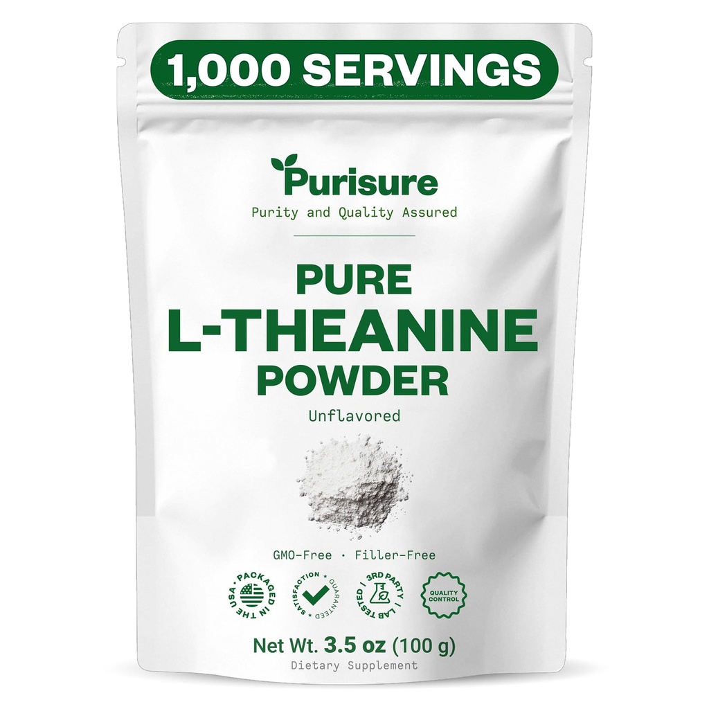 Purisure L-Theanine Powder, 100 g, 促进放松和聚焦的纯 L Theanine Power, 认知功能的补充, 无填充器, 非 GMO, 1000 服务