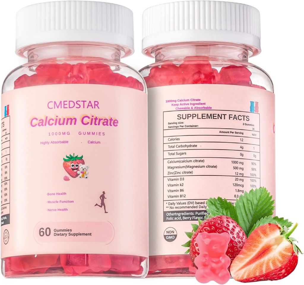 具有维生素D3 & K2、B6 & B12、镁、骨头锌、肌肉和合金、免疫和记忆支持、Sugar-Free、Gluten Free、蔬菜、草莓60种