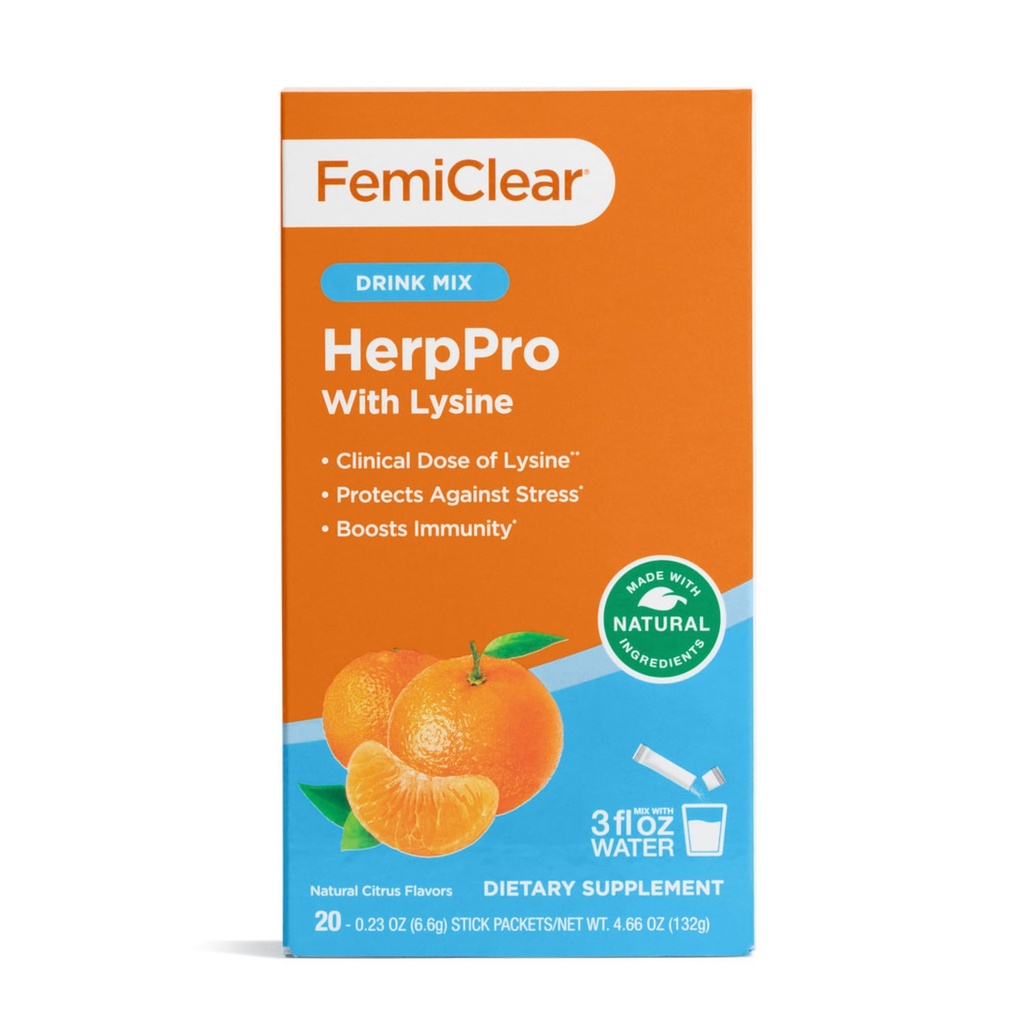 FemiClear HerpPro drink Mix,配有 L-Lysine 3000mg, Zinc, 维生素A & C, Ashwagandha, 女性和男性的豁免和压力补充, 20个棒包