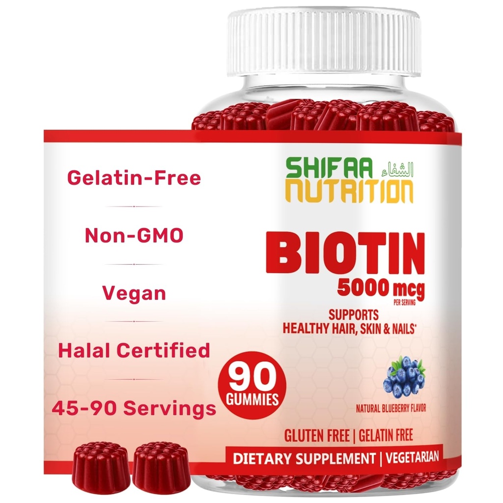 SHIFAA NUTRITION Vegan Biotin Gummies for Adult & Kids | 90 Gummies | 5000 mcg 45 Servings | Non-GMO | Gluten, Gelatin, Peanuts, Egg & Dairy Free | Biotin Gummy Vitamins for Hair, Skin & Nails Halal