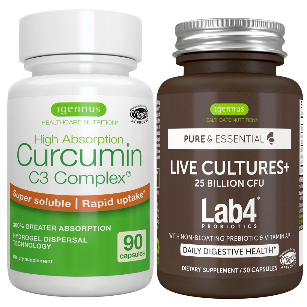 现场文化+ Lab4 增生剂 + 高吸附性Crucumin C3 Complex Vegan Bundle, 25亿 CCFU 增生剂 非增生性Prubiotic + 300% 大吸收性Crucuminoids with rapid Uptake,by Igennus