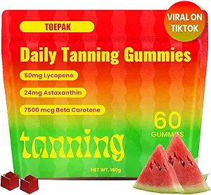 60 Pcs Natural Tanning Gummys, Astaxanthin 24mg Lycopene 50mg Plus Beta Carotene 7500 mcg, 皮肤健康与胶类最佳Astaxanthin 补充品, 非GMO, Sour 西瓜火焰