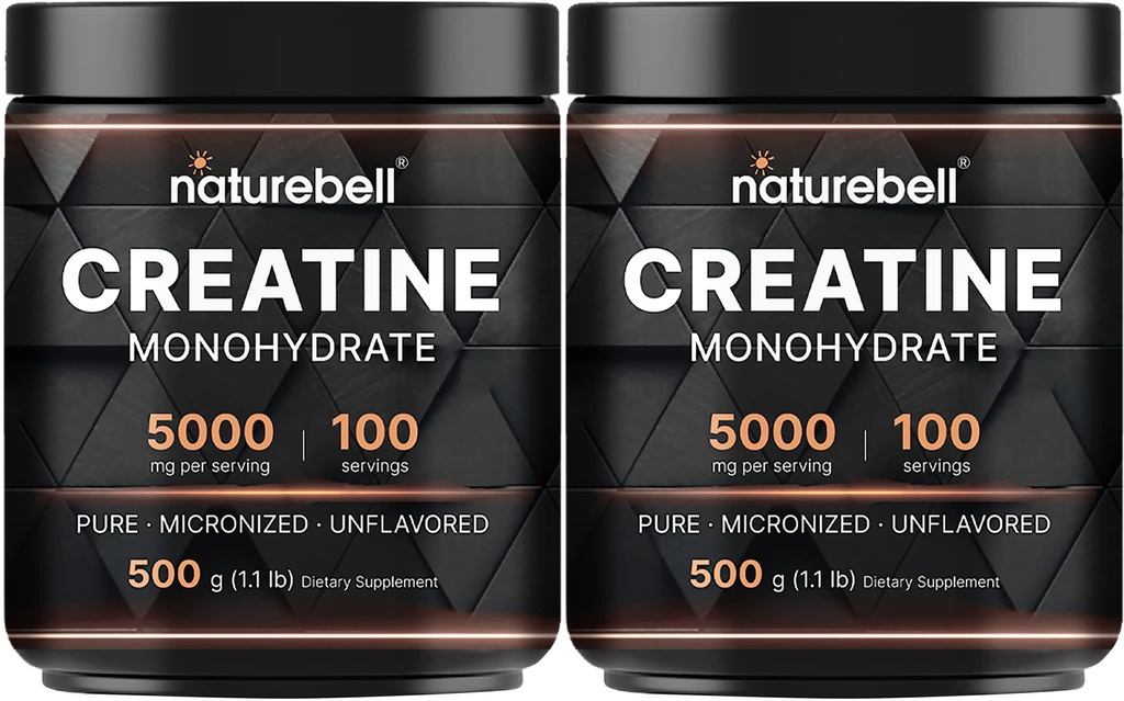NatureBell 2 Pack Creatine Monohydrate Powder 500g, 5000mg Per service + 微量化,纯和不味化 + 工作前肌肉支持 → Keto, Vegan, Filler-free → 200 services (2.2 磅)