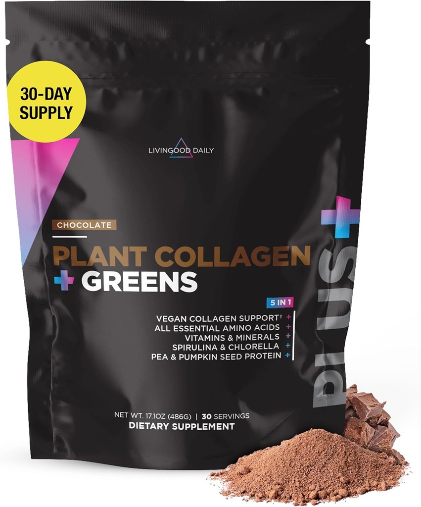 Livingood Daily Plant Collagen + Greens Powder, Chocolate, 5-in-1 Collagen Support with Pea Protein, Amino Acids, Spirulina, Chlorella & Vitamin C, Hair Skin Nails Support, Vegan, 30 Servings