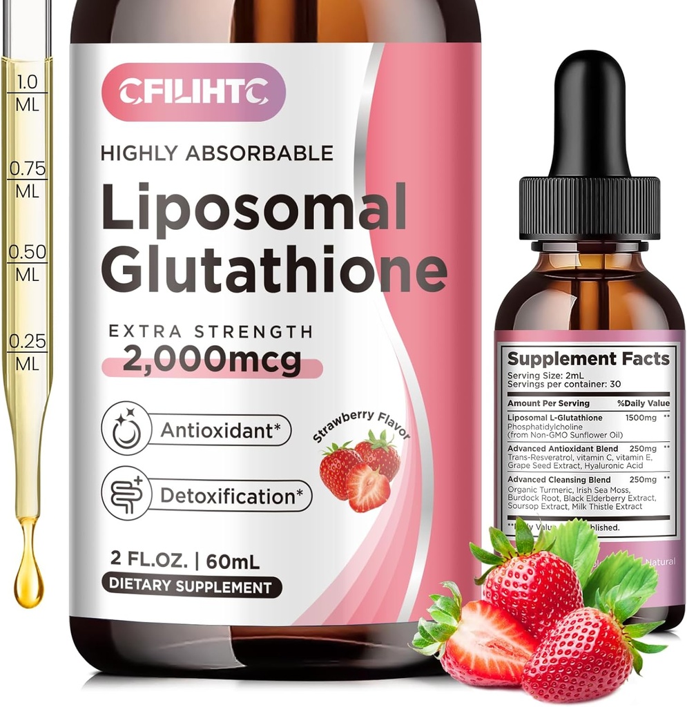 Liposomal Glutathione液滴,Glutathione液滴,活性形态 L-Glutathione,配有维生素C,肝氧化剂,抗衰老抗氧化剂,Immune & Cleansing,草莓火焰,2 FL.OZ