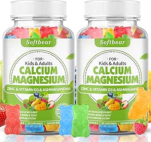 软熊 镁 锌 胶质 女性 镁 钙 辅料 维生素D3 骨强 维冈 无糖 混合水果 Flavor 60 Count