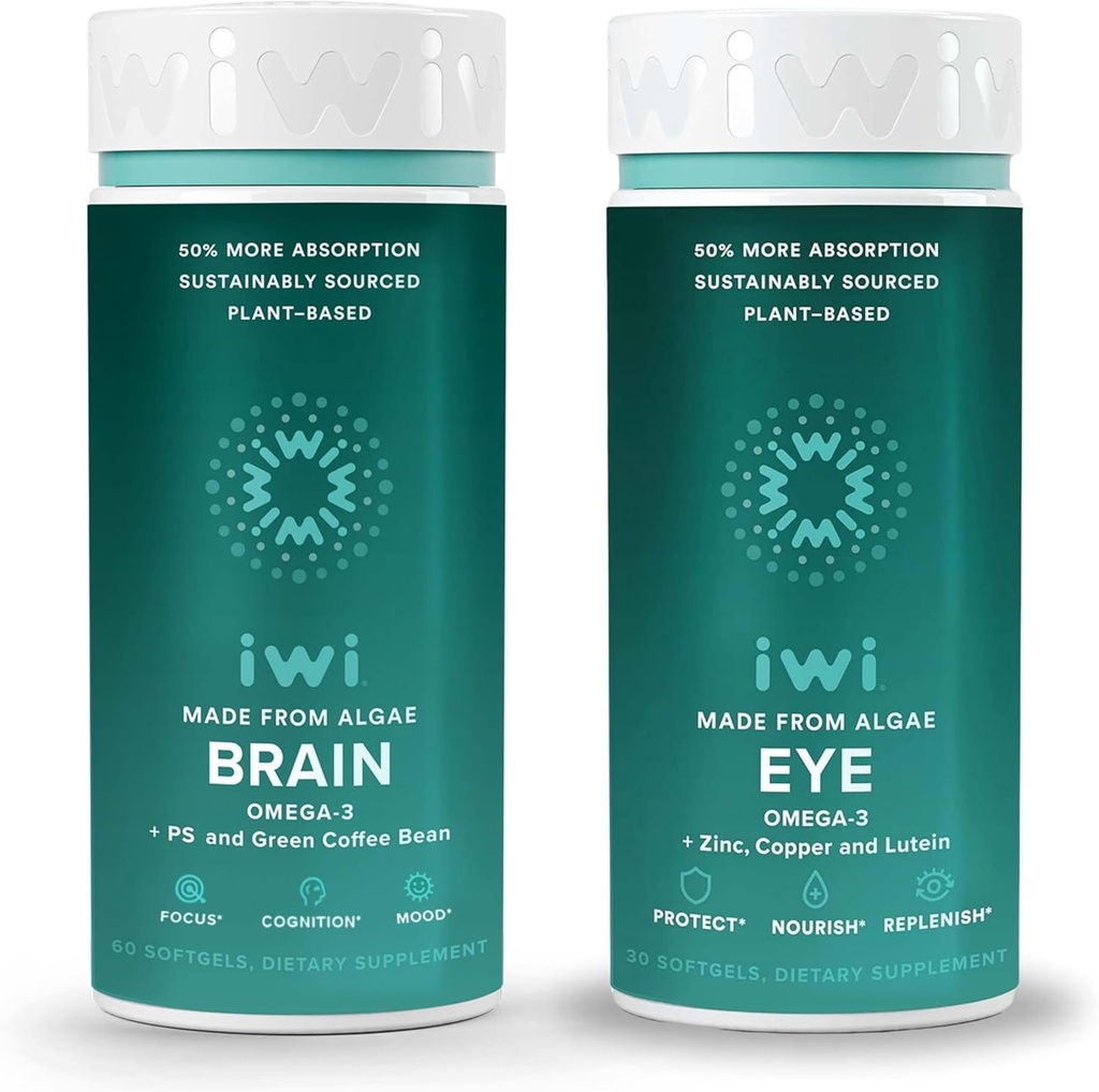 Iwi Life Brain & Eye Omega-3 Bundle, 30名服务员,Vegan Planet-Based Algae Omega 3 配有EPA + DHA, Krill & Fish Oil 替代品,无鱼味余味