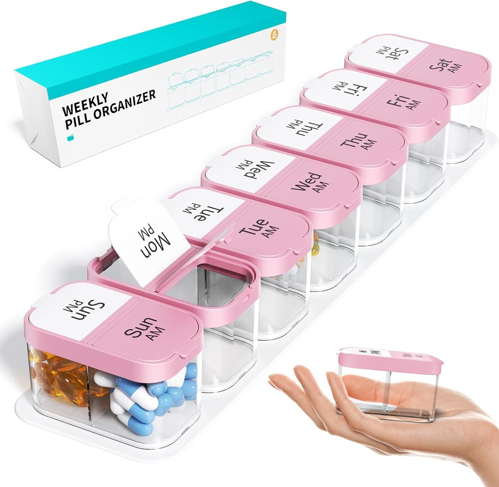 Odaro Extra Great Weekly Pill 组织者 2 Times A Day, Pill Box 7 Day Am Pm 持有每日药品维生素和补充剂 - 粉红色
