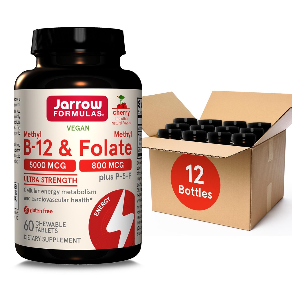 超强甲基B-12 5000 mcg & Methy Folate 800 mcg + P-5-P,细胞能量代谢和心血管支持的补编,60可切片,60天供应,12包