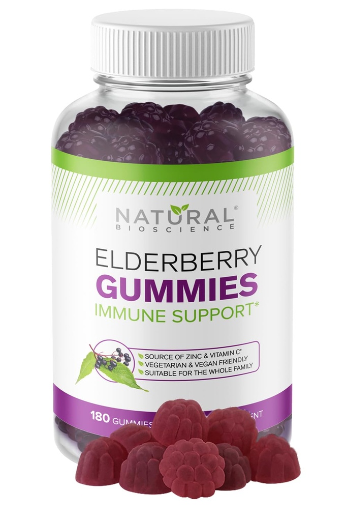 天然生物科学 Sambucus 长生莓 Gummys 配有维生素C & Zinc , 对成人和孩子的免疫支持, Daily Antioxidant & Wellness Boost, 180 Vegan, Gluten Free, Chewable 长生莓 Gummys