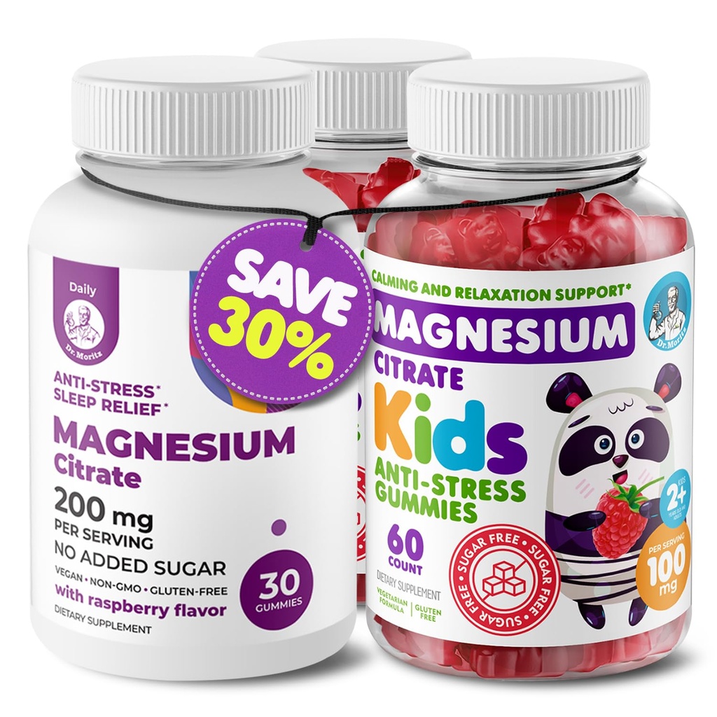 DR. MORITZ Magnesium Bundle - 成人口服(200mg, 30 Counter)和婴儿口服(60 Counter, 2 Pack) - 无糖