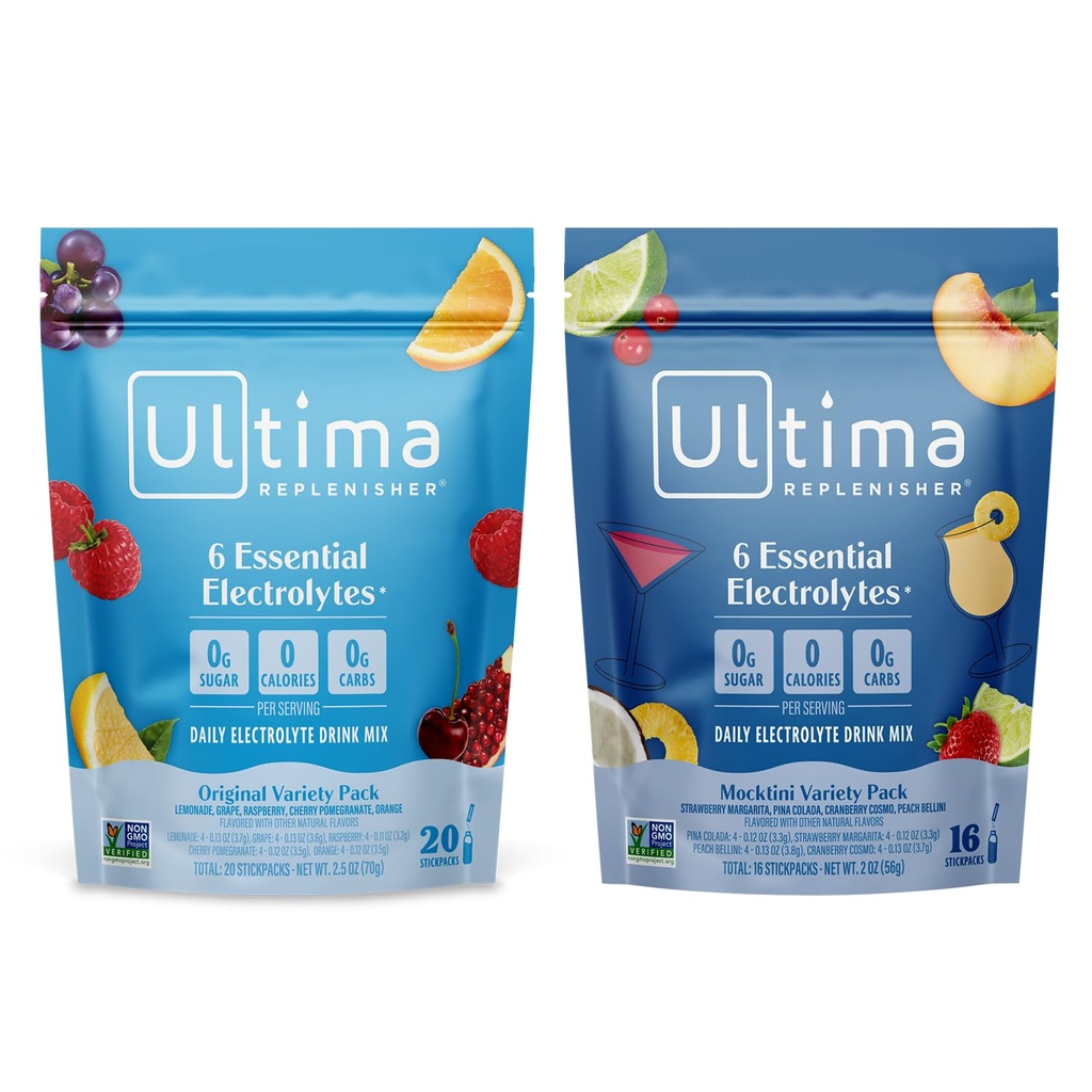 Ultima Replenisher Daily Electrolyte Powder Drink Mix – 糖无味 – Mocktini Varige and origin Varige, 36 Stickpacks – 含6个电解质和矿物的水解包 – Keto, Non-GMO