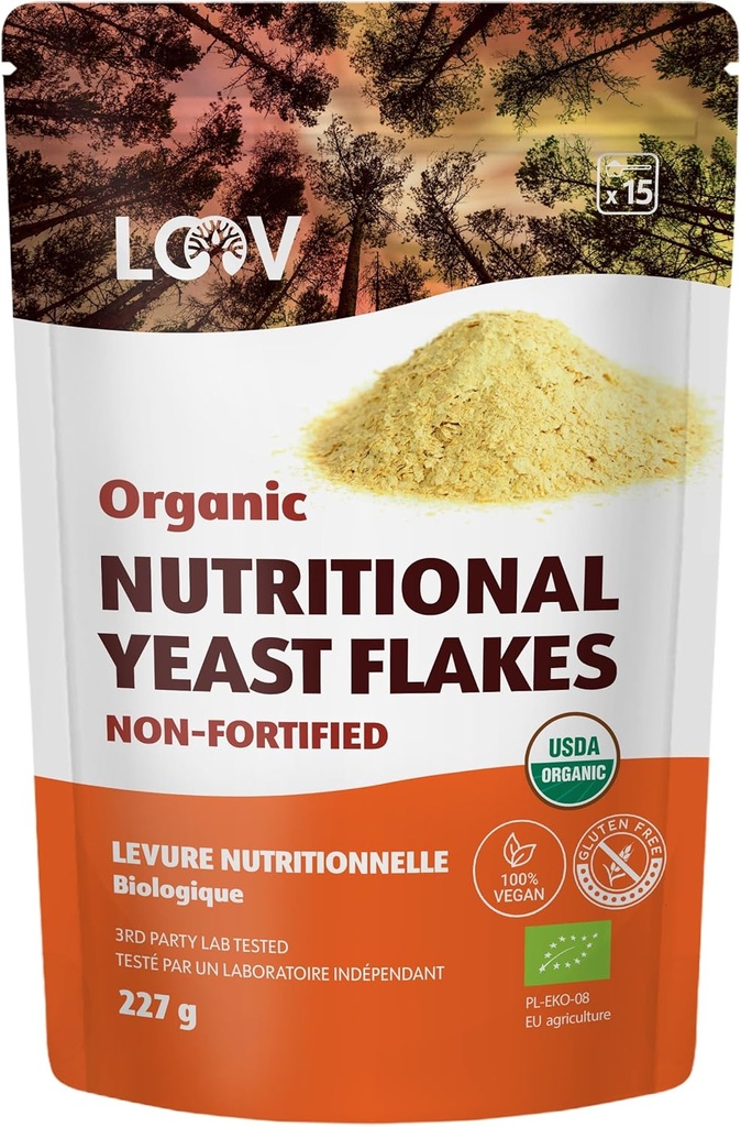 LOOV 有机非强化营养类酵母花 - Vegan, Gluten Free, no-GMO 非强化 Nooch - 天然B-维生素的好来源 - 无添加盐或糖 - 可回收袋, 8 Ounces (227克)