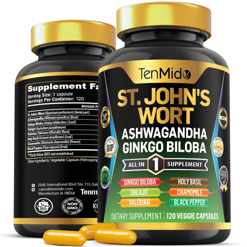 圣约翰蠕虫补充剂 - 8in1公式 - 与Ashwagandha,Ginkgo Biloba,Shilajit,Valerian,Holy Basil,Chamomile,和Black Pepper-120 Vegan Capsules结合4个月供应
