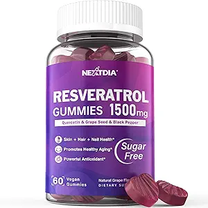 Resveratrol 补编 1500mg - Resveratrol Gummys 支持NAD+,NMN & NMNH协同,配有 Quercetin, Grape Seed, Acai Berries 抗氧化剂提取,健康老化和寿命,皮肤,大脑 - 1Pcs
