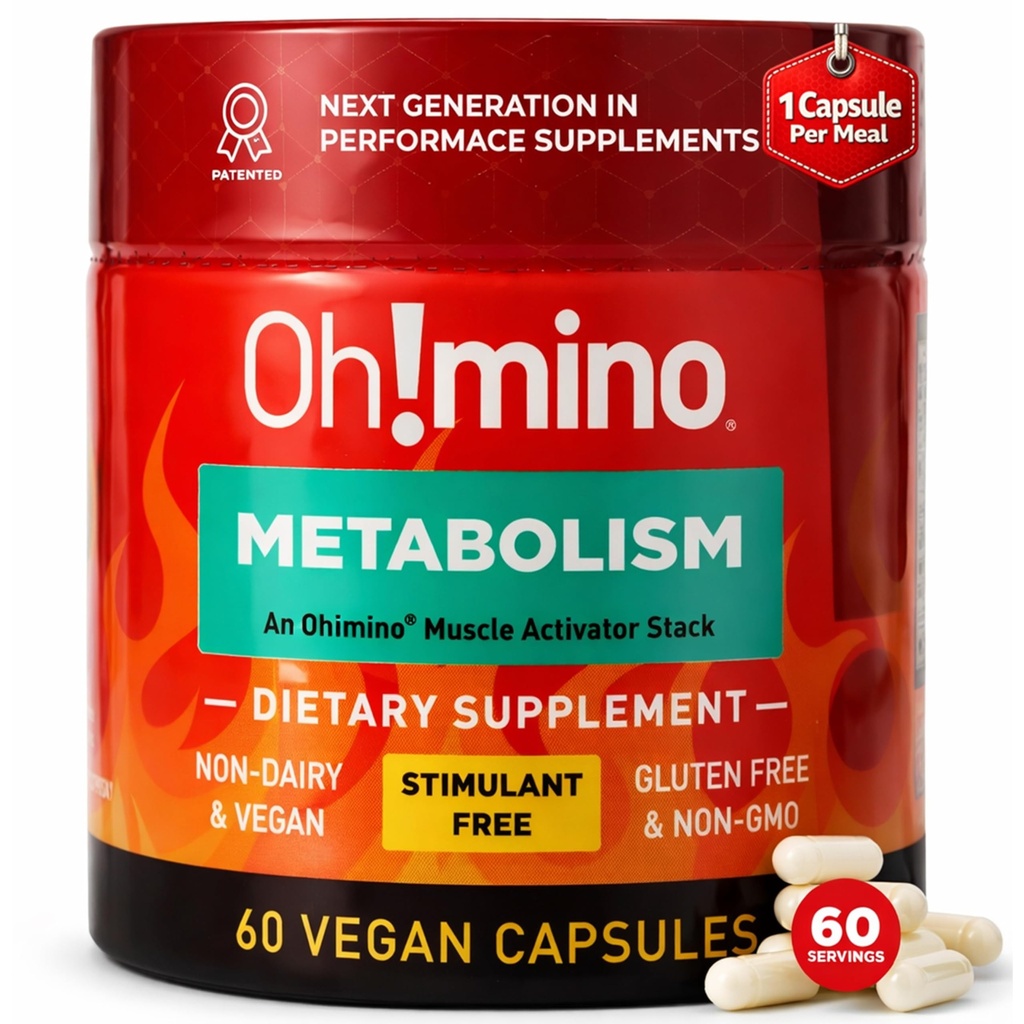 Oh!.mino代谢支持高效脂肪转化为能量转换 w/L-Carnitine, Phenylcapsaicin, & Vitamin B3 - 非吉特人,无兴奋剂,Vegan, Non-Dairy Capsules (60位服务员)