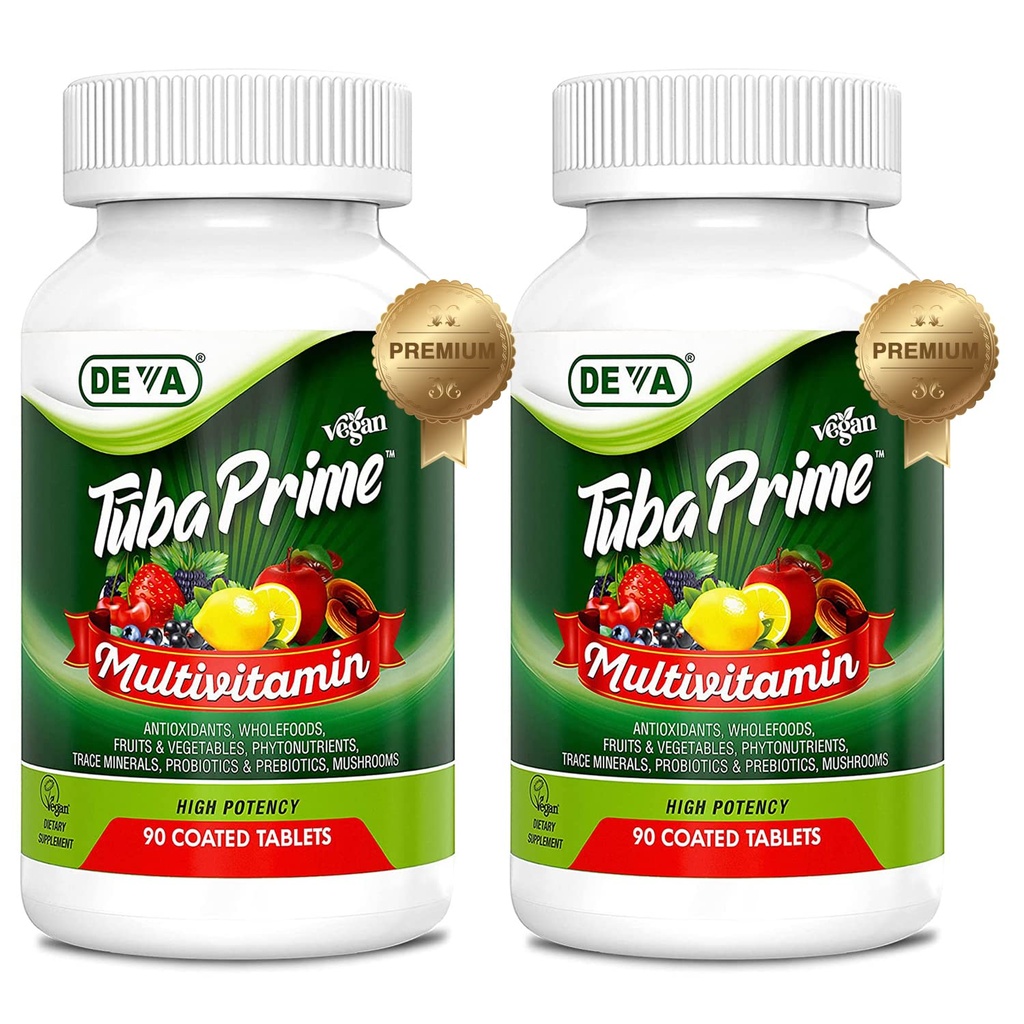 DEVA Tuba Prime Vegan 多维他命 高概率维生素和矿物膳食补充剂 抗氧化剂,水果和蔬菜混合剂,超级蘑菇,普罗生素,预生素,种子,草药 - 90 Tabs,2-Pack