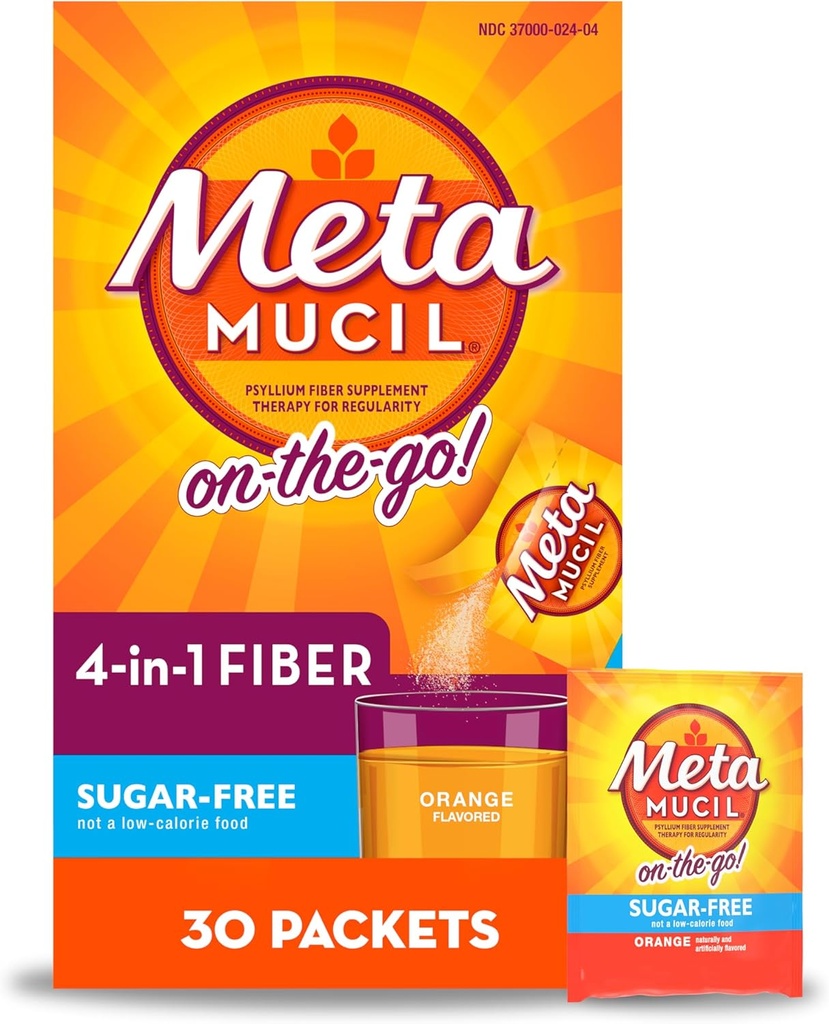 Metamucil On-The-Go, Psyllium Husk Fiber 补编,4-in-1 Fiber 为消化健康,无糖,橙色Flavor, 30 Colex2 Packs (60 Counter total)