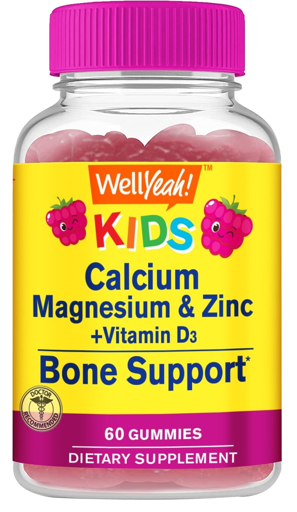 Kid's Calcium, Magnesium, Zinc + Vitamin D3 Gummys by Wellyeh → Bone, 肌肉和神经健康支持, 对男女的免疫支持 → Gluten Free, 非 GMO → Raspberry Flavor → 60 Counter