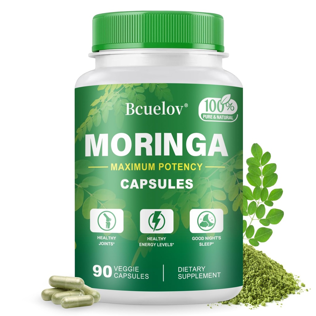 Moringa Capsules |800mg 纯Moringa 粉末 Capsules – 支持能源,皮肤和古特健康,Imune系统 – 配有维生素和氨基酸的绿色超级食品(90 Caps)