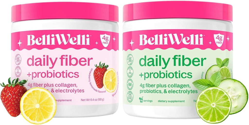 Belli Welli Daily Fiber Supplement Duo - 草莓柠檬汁和Cucumber Lime Mint - 配有Collagen, Probiotics & Electrolytes - 刷新平衡健康火焰 - 32 总服务