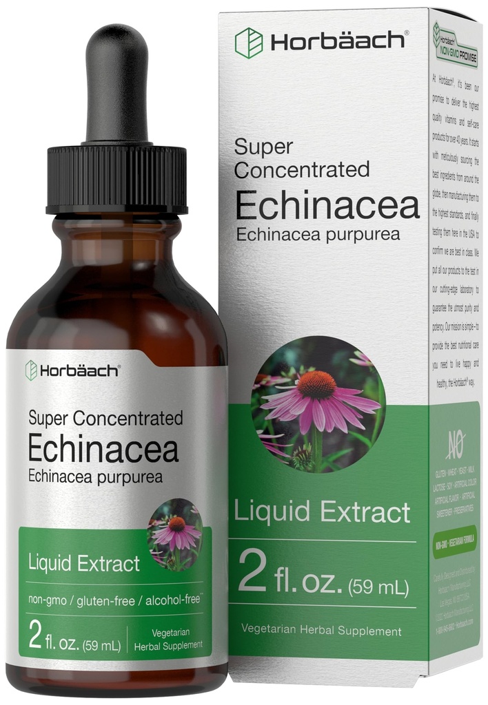 Horbaach Echinacea Drops Herb Tincture → 2 fl oz → 超级专注根提取 → 酒精无液体 → 蔬菜, Non-GMO & Gluten 免费补充