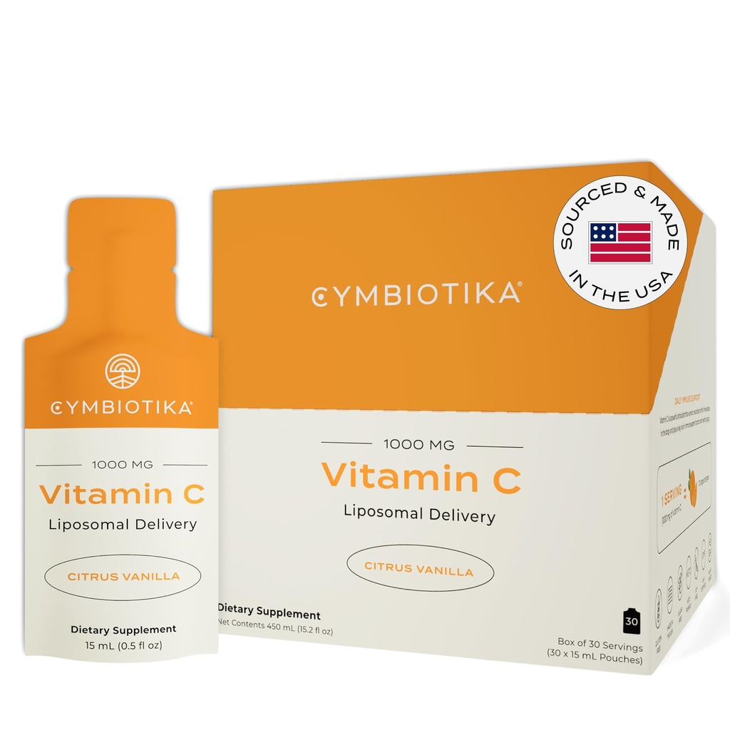 CYMBIOTIKA 维生素C 个人包装, Liposomal 交付, 免疫支持补充, Collagen boost, & 健康衰老,皮肤水分包装, Citrus Vanilla Flavor, 30 Counter