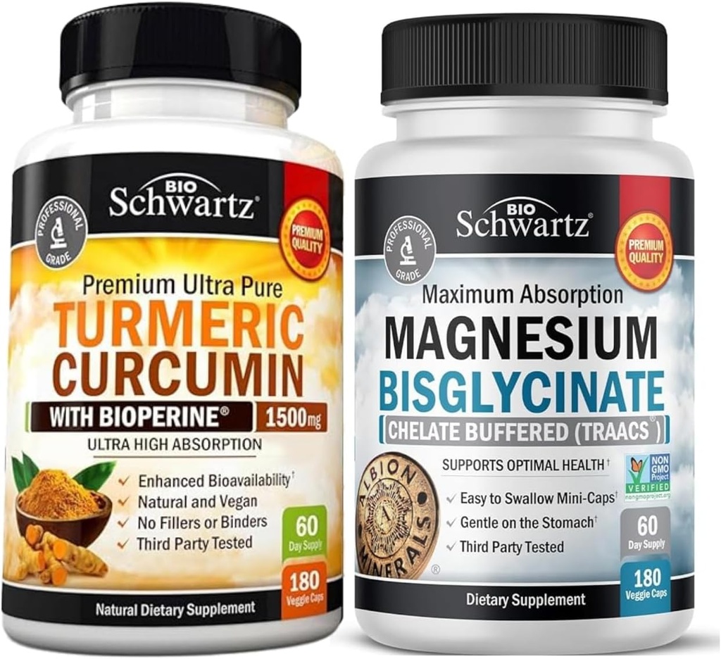 Turmeric Curcumin with Black Pepper screw 1500mg Complex (1个月供应) + 高吸收性 镁 Bisglycnate Capsules (2个月供应)