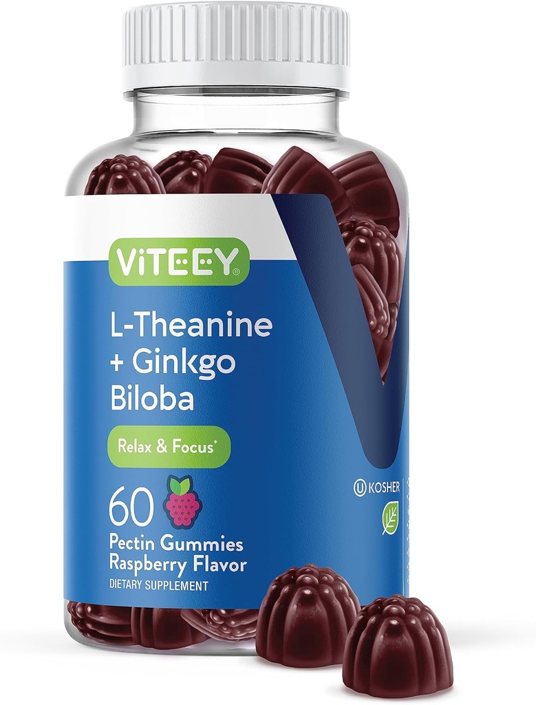 Viteey L-Thenine Gummys 与 Ginkgo Biloba 一起为成年人服务 - Ads in Focus and Relax, 改善 Mood - 非转基因生物, Gelatin Free, Vegan, Gluten Free, 天然源头 Chewable Tasty Raspberry Flavored Gummy