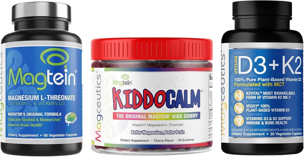 磁铁镁L-环硫酸盐 60 Capsules,磁铁KIDDOCALM 90 Capsules,维生素D3 K2与MCT 30 Capsules - Bundle