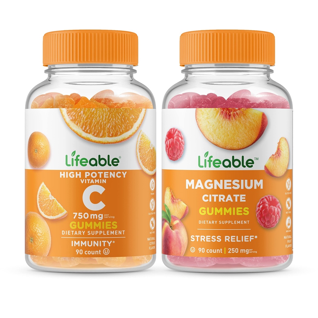 活生生的维生素C 750mg + 镁 85mg, Gummys Bundle - Great Tasting, Vitamin Supplement, Gluten Free, GMO Free, Chewable Gummy (英语).