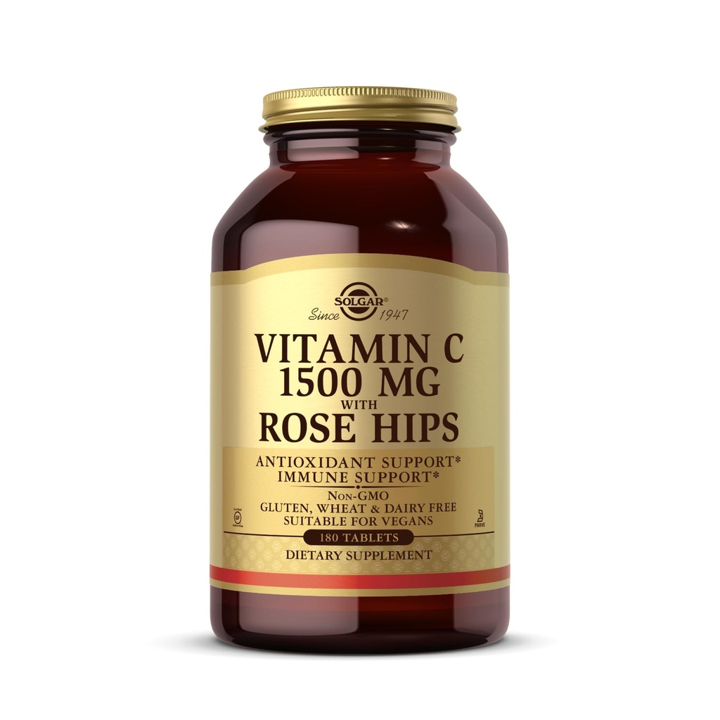 Solgar Vitamin C 1500 mg 配有 Rose Hips, 180 片剂 - 抗氧化剂和免疫支持 - 总体健康 - 支持健康皮肤和联合体 - 非转基因生物, Vegan, Gluten Free, 奶制品自由, Kosher - 180 服务