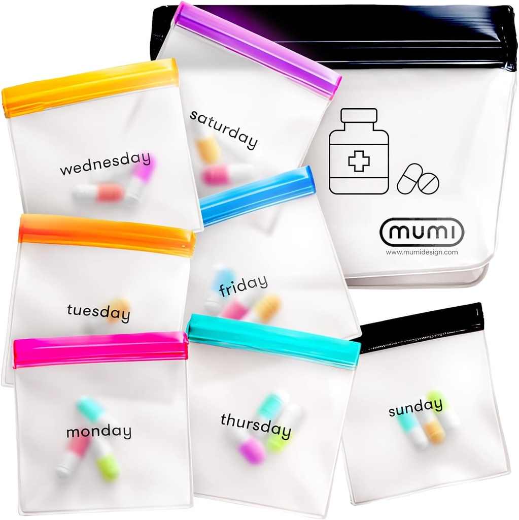 MUMI Pill Pouch Set, 7个迷你Zipper Pouchs for Pills, 小Pill Bags, 可重复使用的Pill Pouches for Medicine Travel, Pocket Pill Organizer, Purse Accessories, 维生素组织者