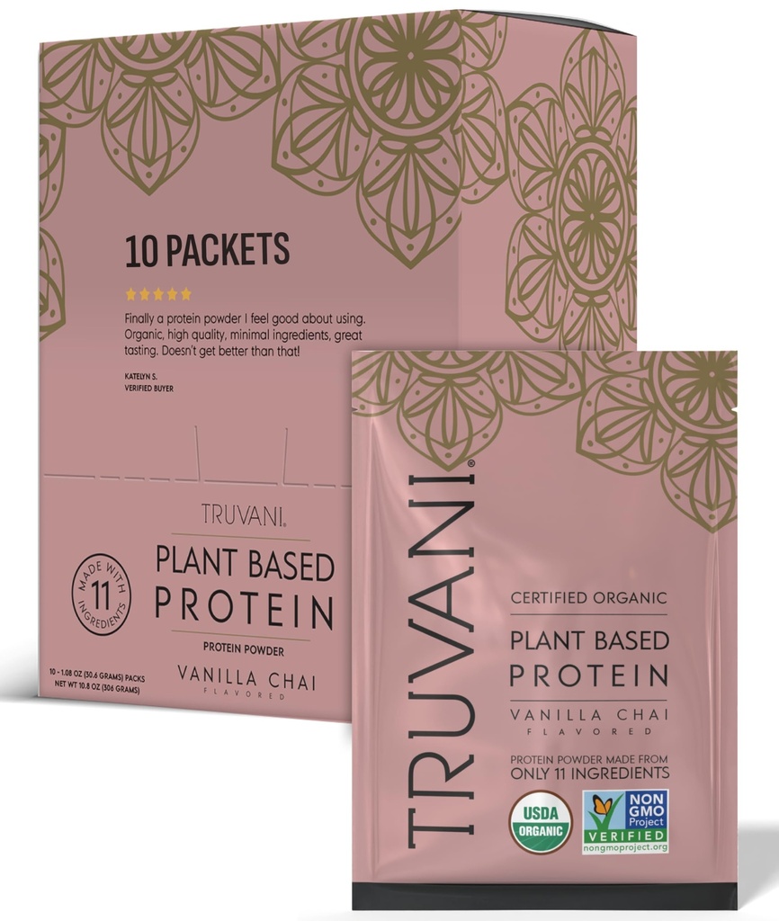 Truvani Vegan Pea 蛋白质粉 | Vanilla Chai | 20g 有机植物基蛋白 | 单服旅行包 | 10  Serving Keto | Gluten & 乳品自由 | 低卡 | 无添加糖