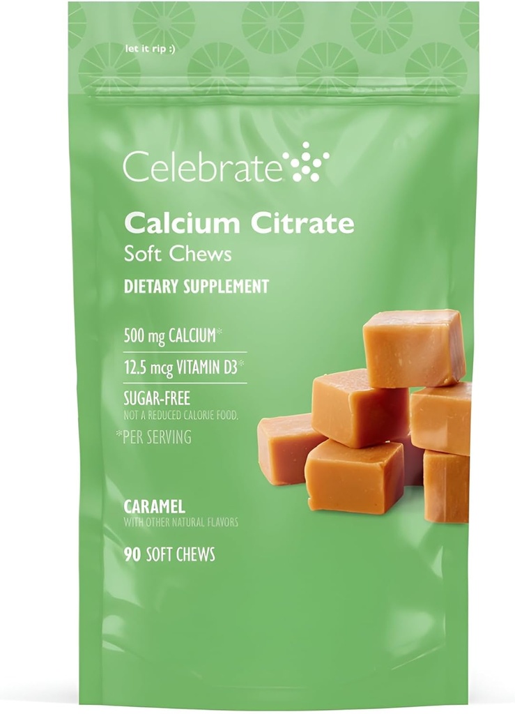 庆祝维生素Bariatric 500mg钙 Citrate Soft Chews,配有500 IU 维生素D3 – 对胃旁路患者和骨健康至关重要 - 糖和葡萄糖免费,焦糖(90 Chews)