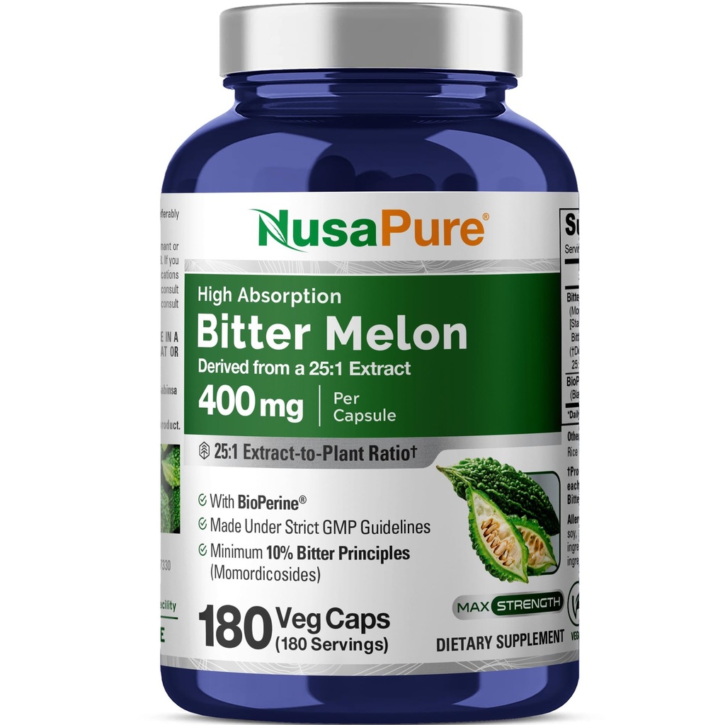 NusaPure Bitter Melon 提取 10,000 mg 180 Vegan Caps(100%蔬菜、非GMO、无葡萄糖、10%苦艾酒原理)