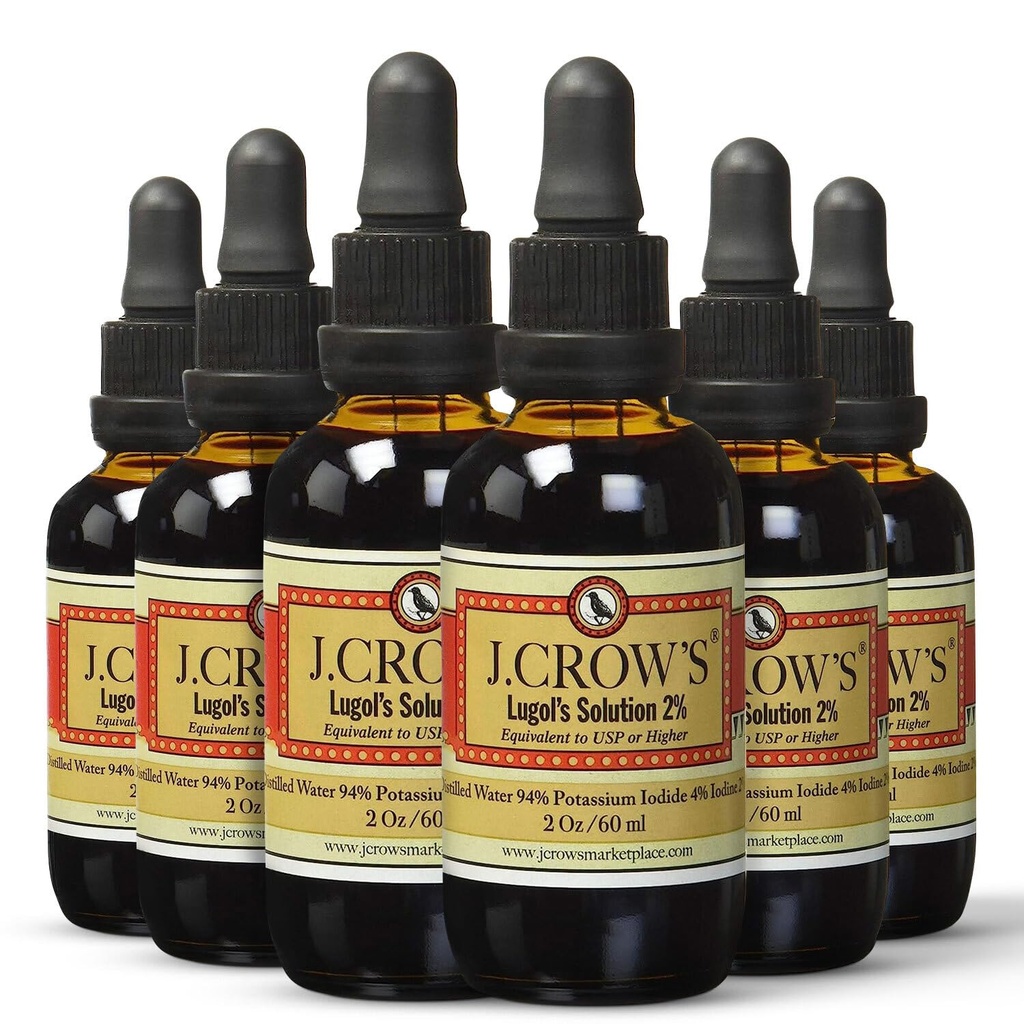 J.CROW'S → Lugol's Solutions of Iodine 2% → 2 oz(6瓶) → Premium Iodine & Potassium Iodide Liquid, Gluten &,无酒精天然碱提取,无过期