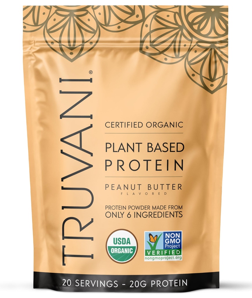 Truvani Vegan Pea蛋白蛋白粉 · · · 花生酱 · · · 20g 有机植物基蛋白 · 20 服务 · Keto · Gluten & 奶油 · 免费 · · 低碳 · · · 无添加糖